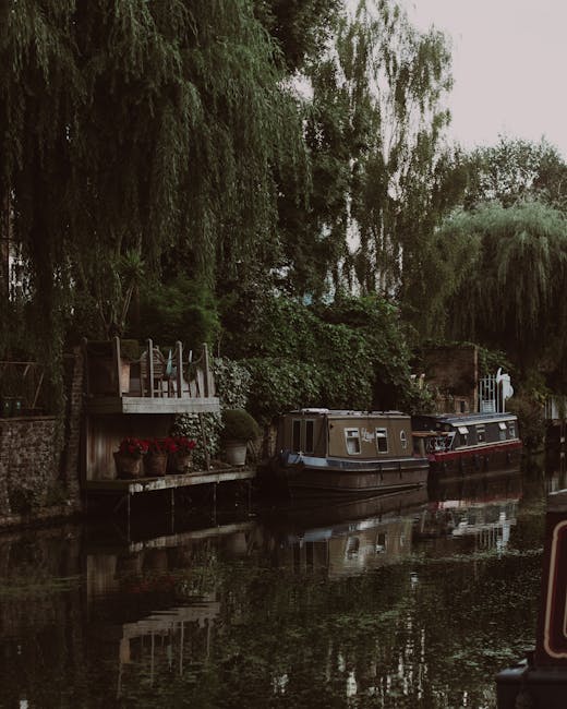 A tranquil scene along Thamesmead's canalside gardens featuring two narrowboats moored under tall, leafy willow trees that cascade over the water. The canal’s surface reflects the boats and surroundin